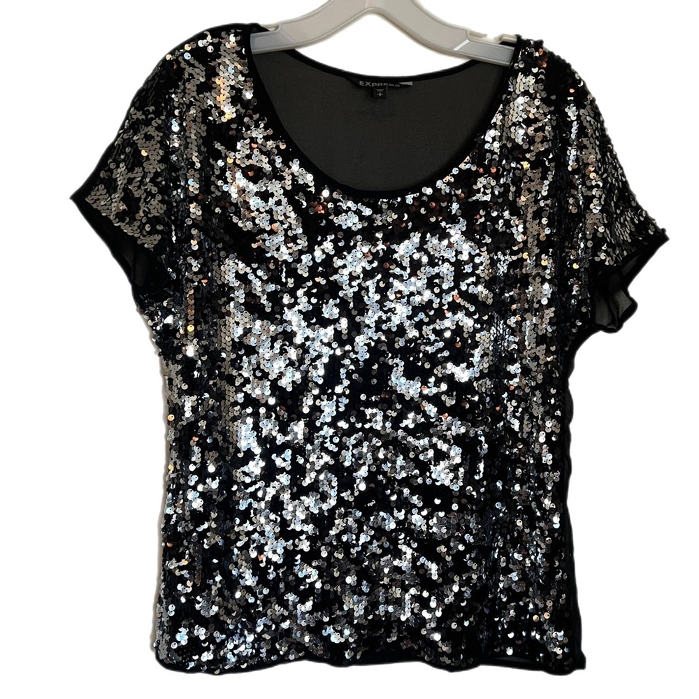 Express | Black & Silver Sequin Shortsleeved Top - Size Small